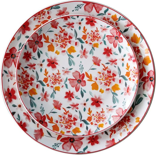 Porcelain Floral Plates 8 Inches &10 Inches Set of 4 Total, Ceramic Dessert Plate, Appetizer Salad Plate Set, Dinnerware Dinner Plates for Kitchen, Cake Snacks