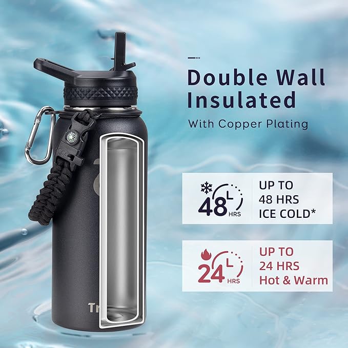 Trebo 32 oz Water Bottle Insulated with Lid and Straw,Double Wall Vacuum Stainless Steel Metal Tumbler Sports Flask with Paracord Handle, Keep Hot 24 Hours & Cold 48 Hours Water Cup with 3 Lids, Black