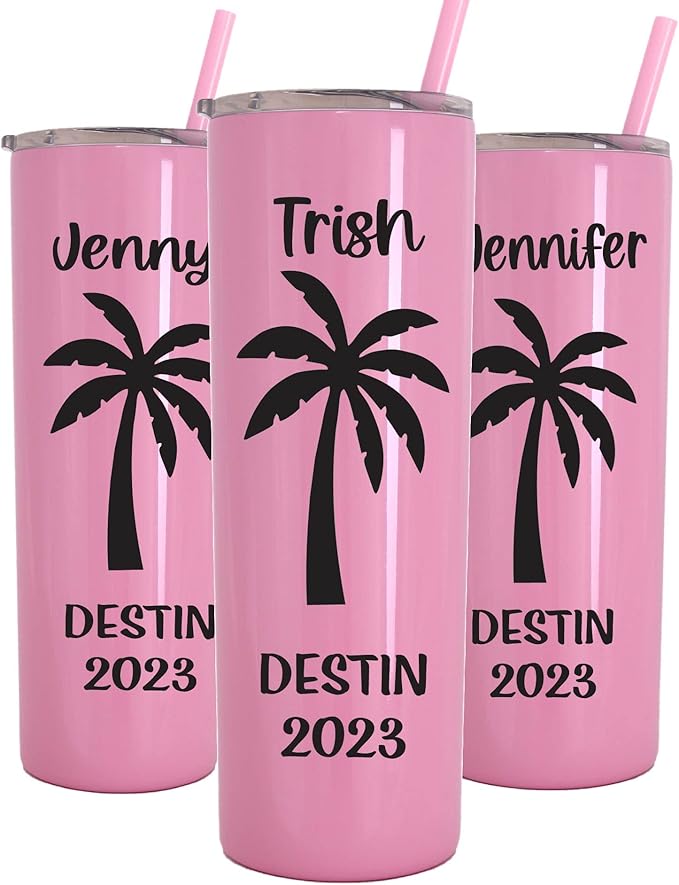 AVITO Personalized Palm Tree Tumbler - 20 oz Light Pink Tumbler - Includes Straw and Lid with Straw Opening - Vacuum Insulated - Stainless Steel