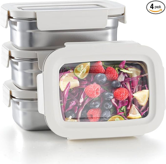 BEFOY Stainless Steel Snack Food Storage Container with Lids 4PCS 22.8OZ Leak Proof & Airtight Bento Box Lunch Container for Kitchen Meal Prep freezer Rectangular,Reusable & Stackable(white)