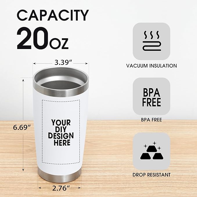 Personalized Custom Tumbler Print in USA 20oz Stainless Steel Coffee Cup with Lid & Straw Double Wall Insulated Tumbler with Colorful Text Logo Photo