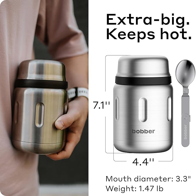 BOBBER 24 oz Insulated Stainless Steel Thermos for Hot Food with Extra-Wide Mouth, Built-in Spoon and Bowl – Keeps Food Hot for 14 Hours and Cold for 20 Hours (Matte)