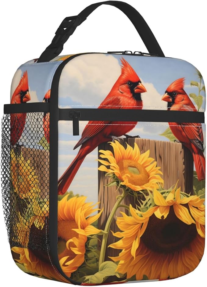 Reusable Red Cardinal Lunch Box for Kids, Insulated Sunflower Retro Bag,Polyester Cooler Bird Lovers Handbags Case for School Picnic Work Travel Beach or Hiking, Gifts