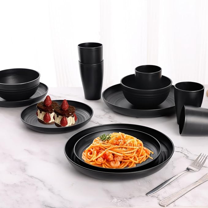Black Plates and Bowls Sets for 8,Wheat Straw Dinnerware Sets Black Plastic Reusable Dishwasher Safe for Kitchen Halloween Camping,32 Pcs Lightweight Unbreakable Plastic Dishes Set Outdoor