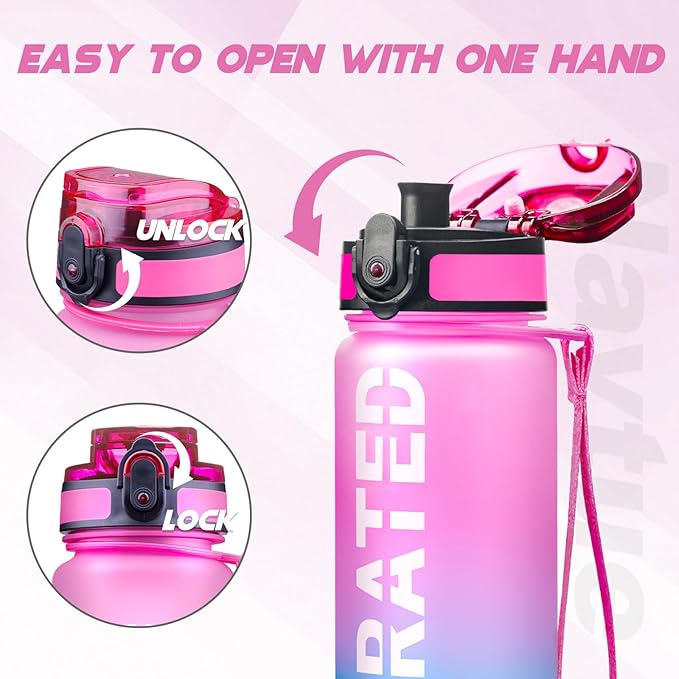 Water Bottle, 32oz Sports Water Bottles with Time Marker Wide Mouth, Motivational and Leakproof Drink Bottle, BPA Free Tritan with Carry Strap for Gym Fitness Outdoor (Direct Drink 1 Bottle)