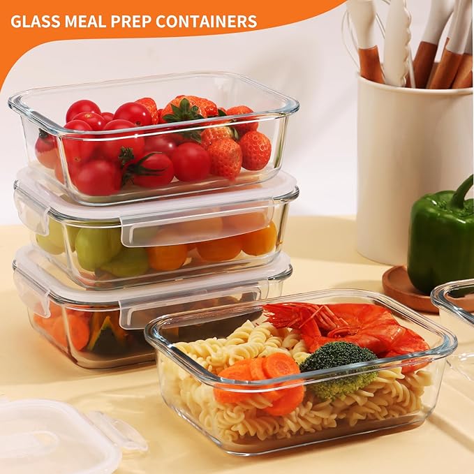 5-Pack Glass Storage Containers,Glass Food Container with Lid,Lunch Box,Bento Box,Storage Box,Meal Prep Containers,Lunch Containers, Fruit Preservation Boxes-White