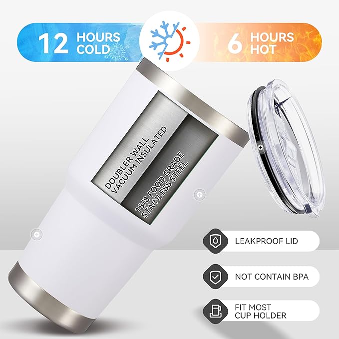 30 oz Tumbler with Lid Stainless Steel Tumblers Bulk Vacuum Insulated Cup Reusable Powder Coated Travel Mug Double Wall Leak Proof Cups Keep Cold Drinks for 12 Hours White, Set of 8