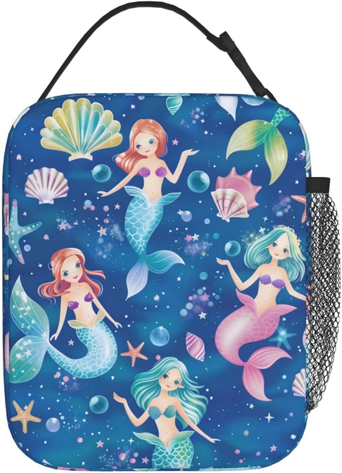 Reusable Mermaid Lunch Box for Kids Girls Boys Women Adult, Insulated Cute Seashell Lunch Bag,Polyester Cooler Ocean Handbags Case for School Picnic Work Travel Beach or Hiking (Blue)