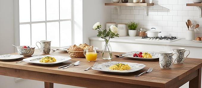 222 Fifth Adelaide 16-Piece Square Floral Dinnerware Set – Service for 4, Grey & White Porcelain Plates & Bowls, for Everyday Dining & Entertainment, Microwave & Dishwasher Safe, Chip Resistant