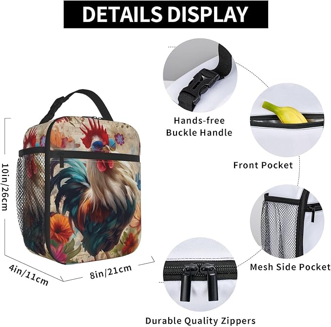Retro Rooster Print Insulated Lunch Box Gifts for Kids Adults Colorful Farm Chicken and Floral Design Reusable Portable Lunchbox Cooler Lunchbag for Work Picnic School Travel or Hiking