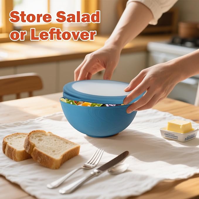 Wrova wheat straw bowls with lids set of 4, 40oz cereal bowls with covers,unbreakable salad container for lunch, dishwasher safe bowl sets for kitchen. Blue