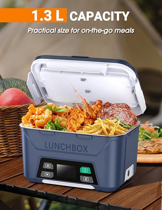 Rechargeable Heated Lunch Box for Men, 1.3L Cordless Electric Lunch Box for Adults with Scheduled Heating, Portable Food Warmer with Large Bag, Cutlery, Removable Divider