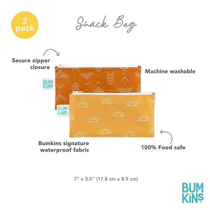 Bumkins Reusable Snack Bags, for Kids School Lunch and for Adults Portion, Washable Fabric, Waterproof Cloth Zip Bag, Supplies Travel Pouch, Food-Safe, 2-pk Desert Boho