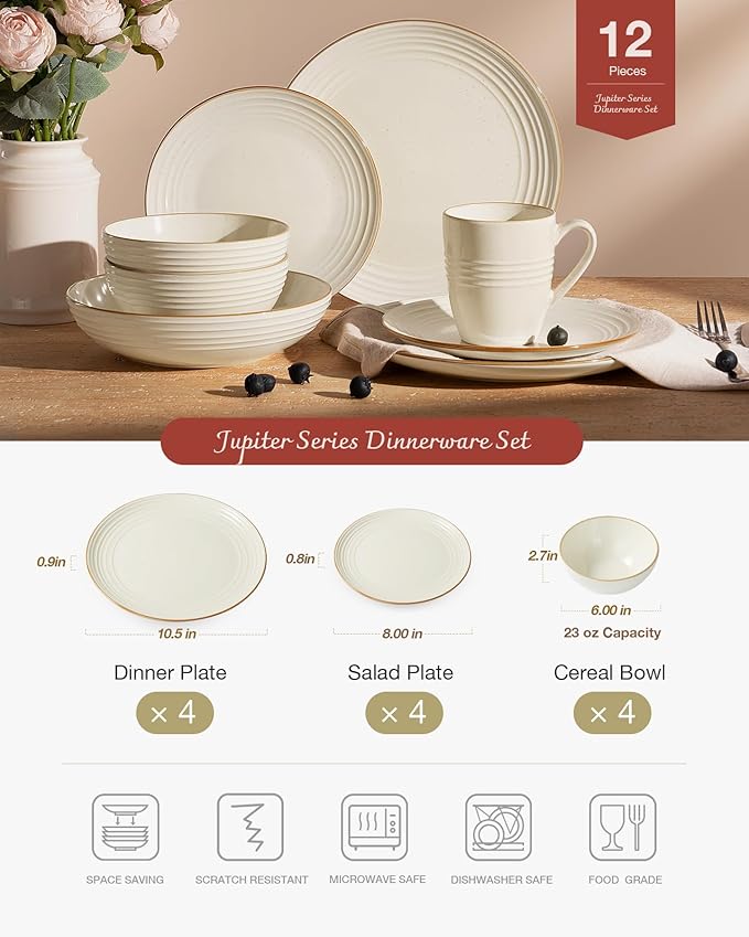 Famiware Jupiter Dinnerware Set, Plates and Bowls Dish Sets for 4 (12 Pieces), Microwave and Dishwasher Safe Stoneware Speckled Tableware, Chip and Scratch Resistant, Vanilla White
