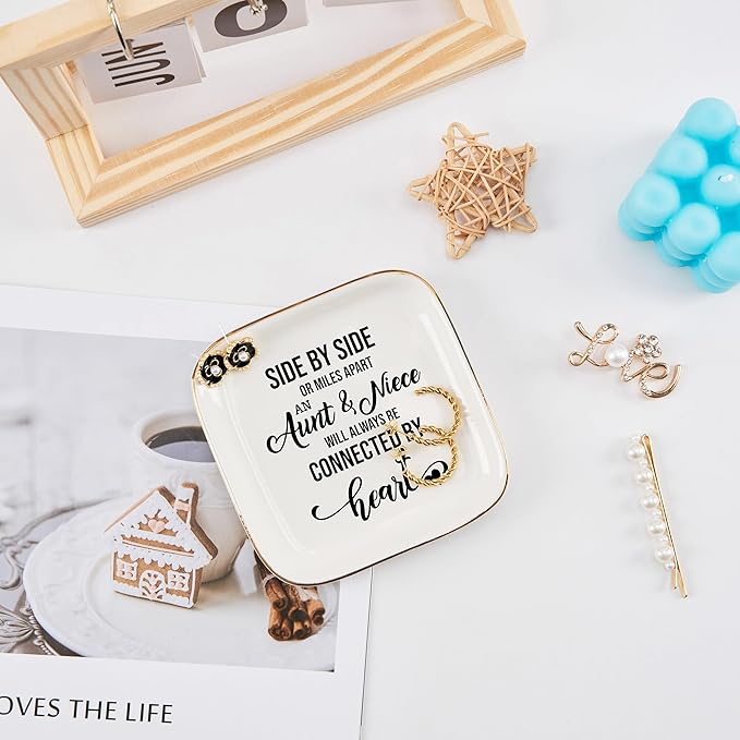 Aunt & Niece Ring Trinket Dish - Connected By Heart, Birthday Christmas Valentines Mother's Day Gift, White