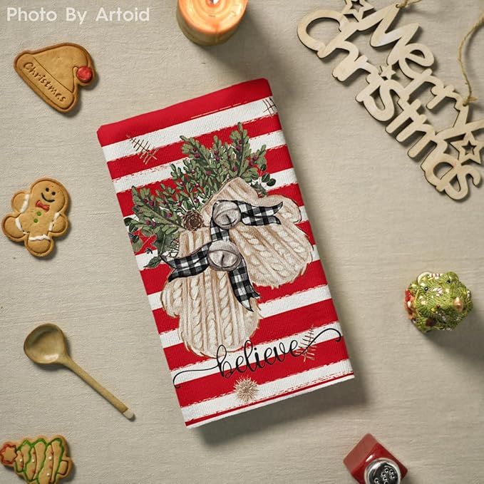 Artoid Mode Red Xmas Tree Merry Christmas Kitchen Towels Dish Towels, 18x26 Inch Holiday Gloves Ball Hello Winter Decoration Hand Towels Set of 4