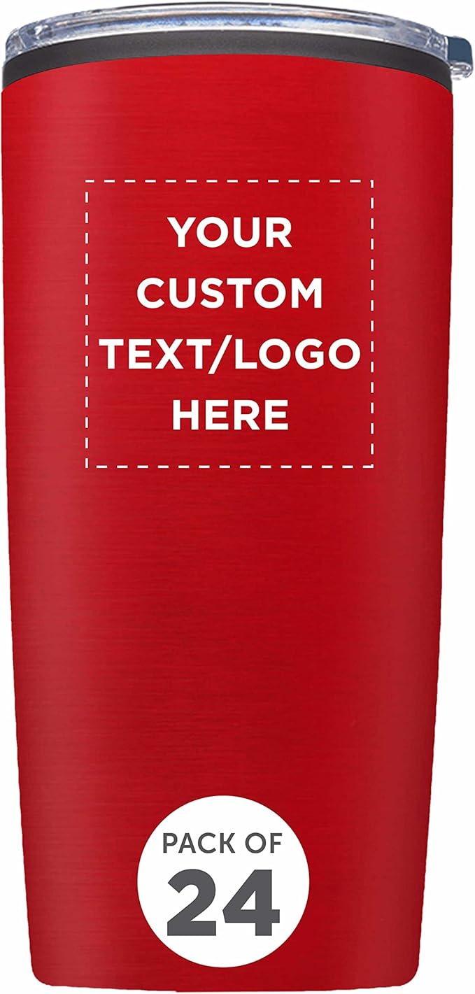 Custom Plastic Tumblers 20 oz. Set of 24, Personalized Bulk Pack - With lids, Ice Coffee Tumbler, To Go Cup, Insulated - Red