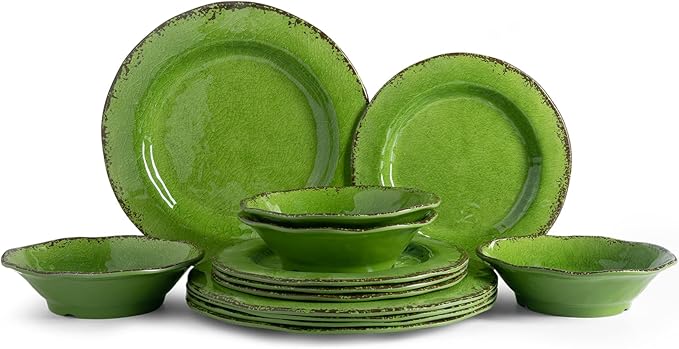 LEHAHA Melamine Dinnerware Set, 12-Piece Dishes Set, Lightweight and BPA Free Rustic Plates and Bowls Sets, Service for 4, Indoor Outdoor Use, Great for Patio, Camping, RVs (Green)