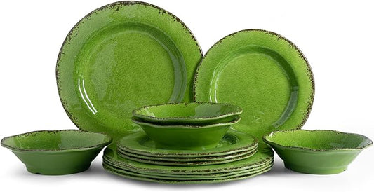 LEHAHA Melamine Dinnerware Set, 12-Piece Dishes Set, Lightweight and BPA Free Rustic Plates and Bowls Sets, Service for 4, Indoor Outdoor Use, Great for Patio, Camping, RVs (Green)