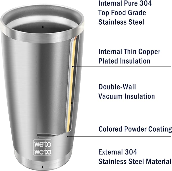 WETOWETO 20oz Tumbler, Stainless Steel Vacuum Insulated Coffee Travel Mug, Double Wall Powder Coated Insulated Coffee Mug Travel Mug with Lid Thermal Cup for Outdoor, Stainless steel, 6 Pack