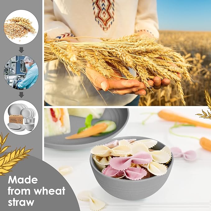 Teivio 32-Piece with Flatware Kitchen Plastic Wheat Straw Dinnerware Sets, Service for 8, Dinner Plates, Dessert Plate, Cereal Bowls, Cups, Unbreakable Plastic Outdoor Camping Dishes, Grey