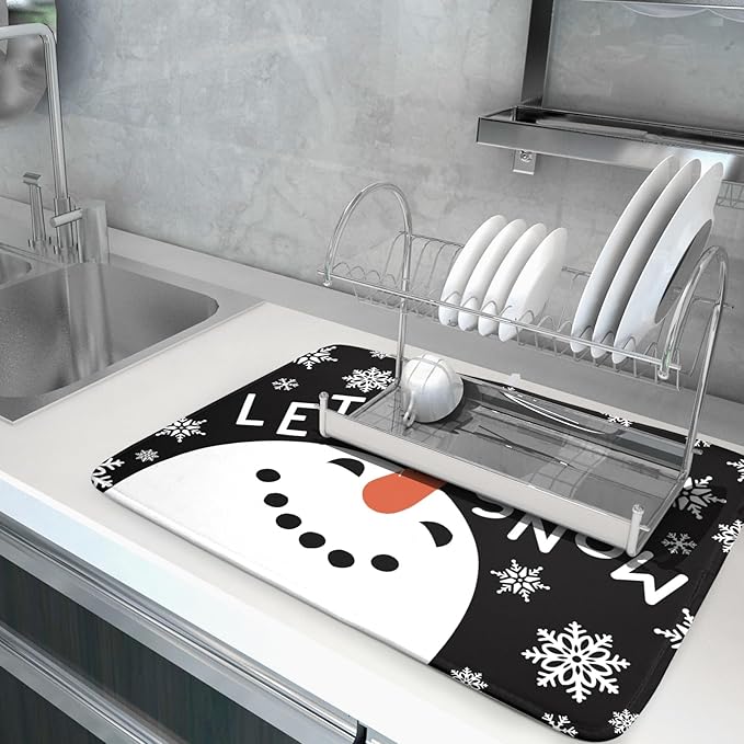 Winter Snowman Dish Drying Mats for Kitchen Counter 18×24 Inch Christmas Snowflake Let It Snow Large Microfiber Drying Mat Kitchen Accessories Dish Rack Mat Drainer Pad Washable Absorbent