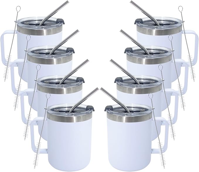 8pack 12oz Coffee Mug With Handle Bulk, Stainless Steel Insulated Travel Tumblers With,Double Wall Vacuum Camping Cup for Hot & Cold Drinks Tea (white)