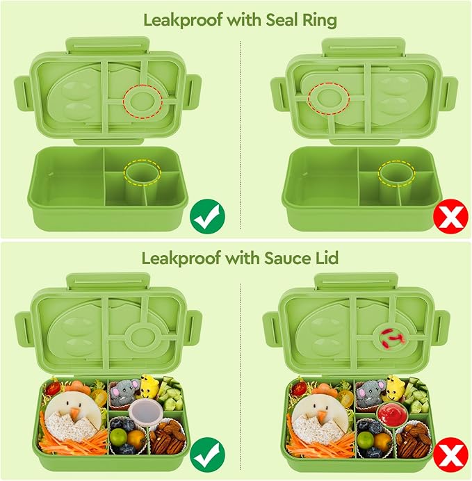 Bento Box Adult Lunch Box,Lunch Containers for Adults Kids,5-Compartment Bento Box for Kids Snack Boxes with Cutlery (Green)