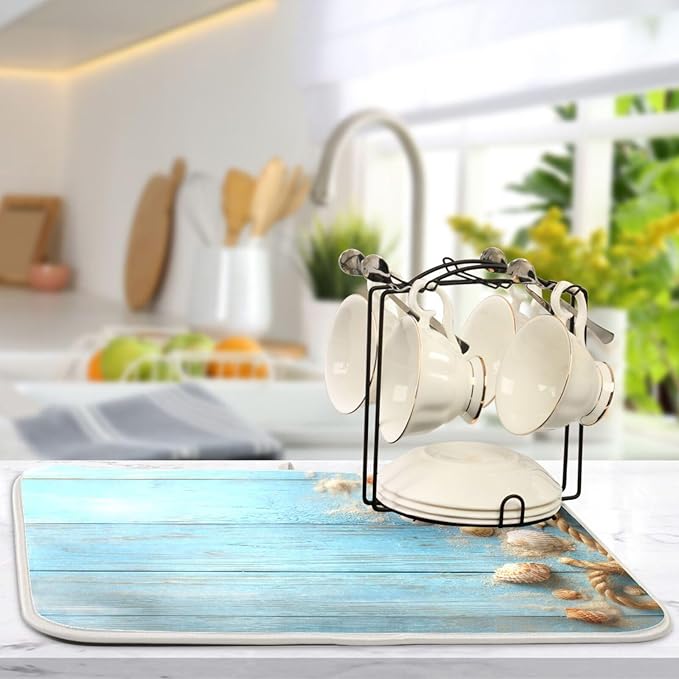 Summer Beach Seashells Dish Drying Mat for Kitchen Counter Super Absorbent Dishes Pad Reversible Microfiber Protector Dish Draining Mats 18x24 inch