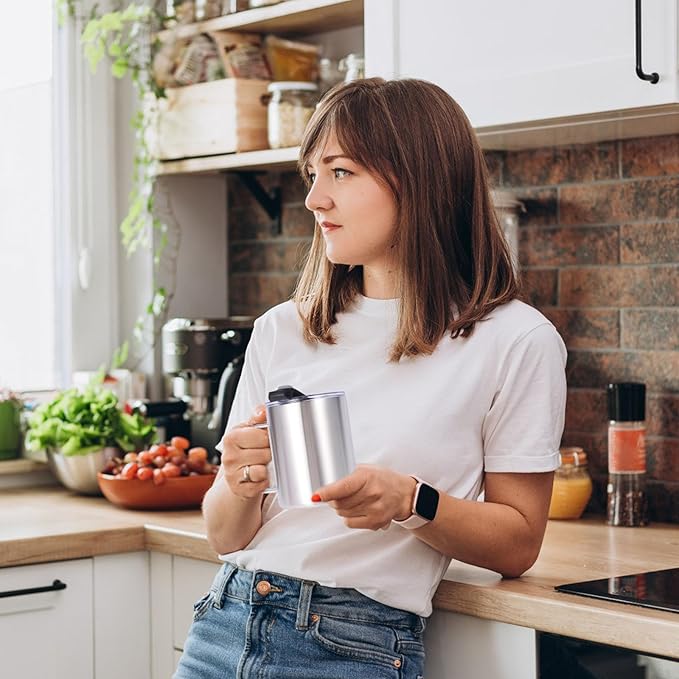 Volhoply 12oz Insulated Leakproof Coffee Mug with Flip & Straw Lid Bulk 2 Pack,Double Wall Vacuum Stainless Steel Travel Tumbler Cup with Handle,Reusable Camping Mugs Keep Cold/Hot(Silver,2 Set)