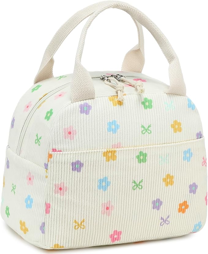 BTOOP Lunch Box for Women Men Cute Corduroy Lunch Bags Large Capacity Insulated Lunch Tote Bag For Work Travel Or Picnic (Colorful Floral Bow)