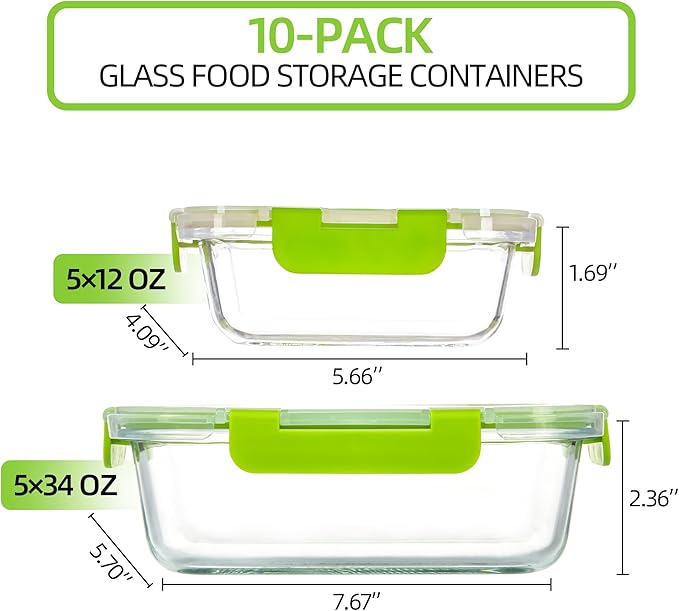 10 Pack Glass Food Storage Containers with Airtight Lids, Ideal for Meal Prep, Lunches - Microwave and Dishwasher Safe, Colorful