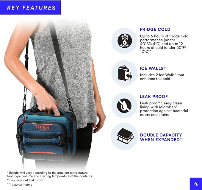 Arctic Zone Titan Deep Freeze Fridge Cold Expandable Insulated Horizontal Lunch Pack with 2X 250g High Performance Ice Walls, Blue