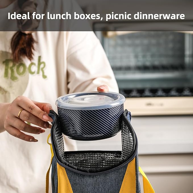 Ceramic Nesting Bowls with Lid: Microwave Safe Food Storage Containers for Work Lunch Picnic Camping Meal Prep Soup Salad Cereal Leftovers - 5 & 6 Inch, 20 & 32 oz, Set of 4, Navy