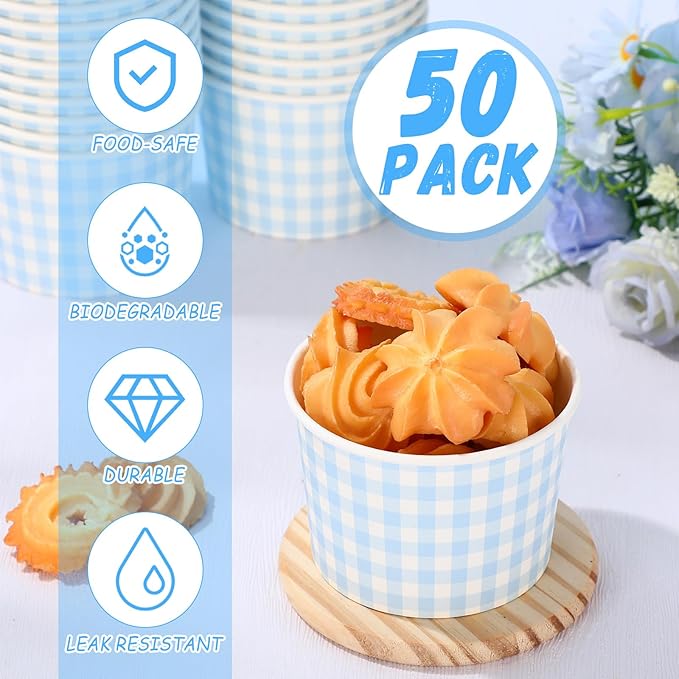 50 Pack Blue Gingham Ice Cream Cups 9 oz Blue and White Checkered Disposable Dessert Bowls Paper Soup Bowls Plaid Snack Cups for Hot or Cold Food for Baby Shower Wedding Birthday
