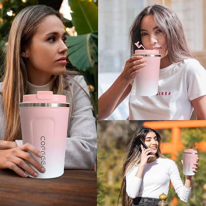 Travel coffee mugs leak-proof, reusable coffee cups with lids, stainless steel vacuum thermos coffee tumblers,thermal insulation cups for men and women hot & cold drinks(2nd-Pink White, 12OZ)