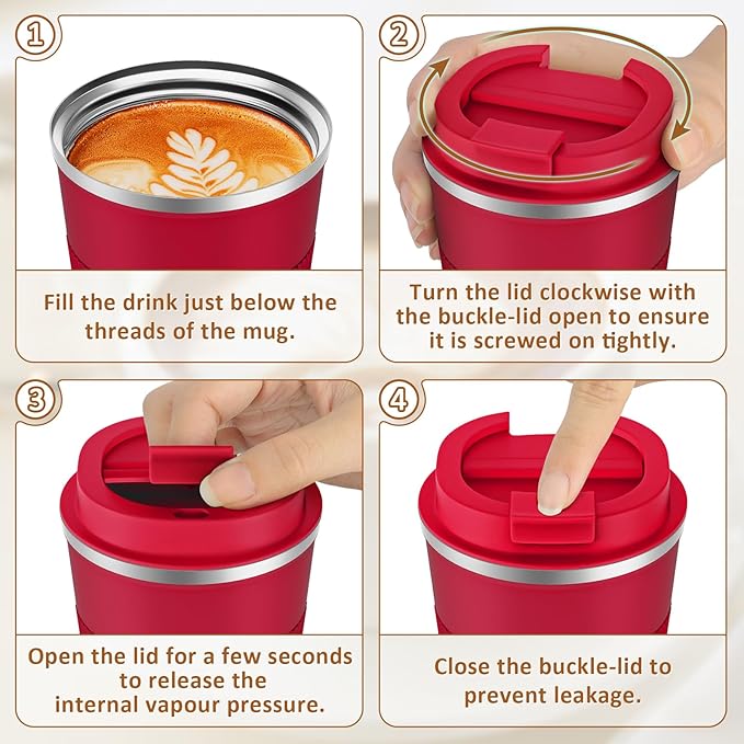 KETIEE Travel Coffee Mug Spill Proof 12oz, Insulated Travel Mug to Go, Reusable Coffee Cup with Seal Lid, Vacuum Stainless Steel Tumbler for Hot/Cold Drinks (Red)