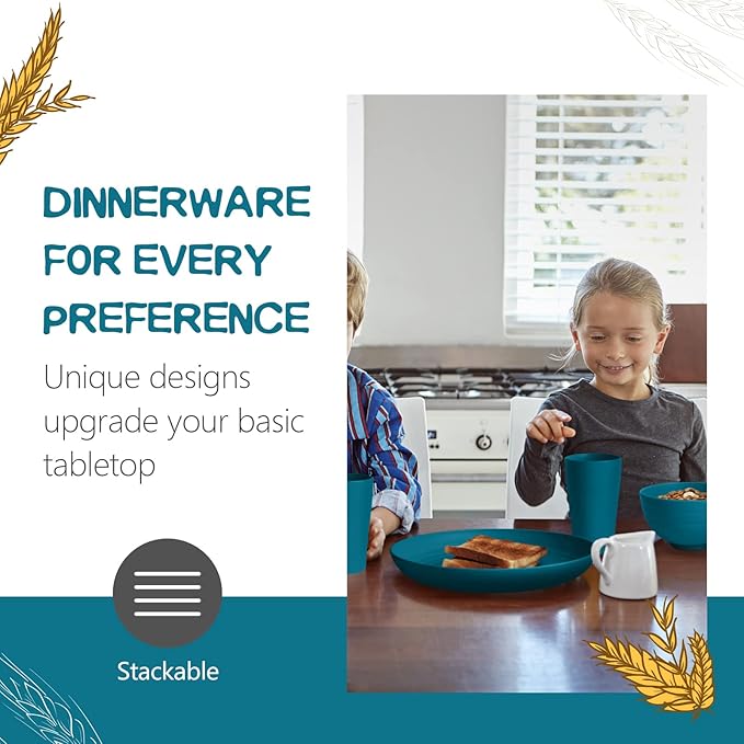 Teivio 32-Piece Kitchen Plastic Wheat Straw Dinnerware Set, Service for 8, Dinner Plates, Dessert Plate, Cereal Bowls, Cups, Unbreakable Colorful Plastic Outdoor Camping Dishes, Dark Blue