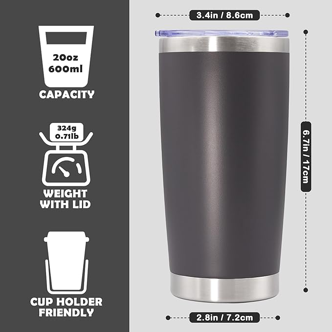 20oz Tumbler Bulk Stainless Steel Tumbler Cup with Lid Vacuum Insulated Double Wall Travel Mug, Durable Powder Coated Travel Coffee Tumbler Mug for Hot & Cold Drinks, Grey,8 Pack