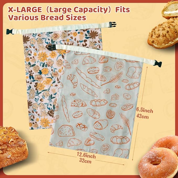Bread Bags for Homemade bread,2 Pack Sourdough Bread Bags,Beeswax Bread Bags for Bourdough,Reusable Bread Storage