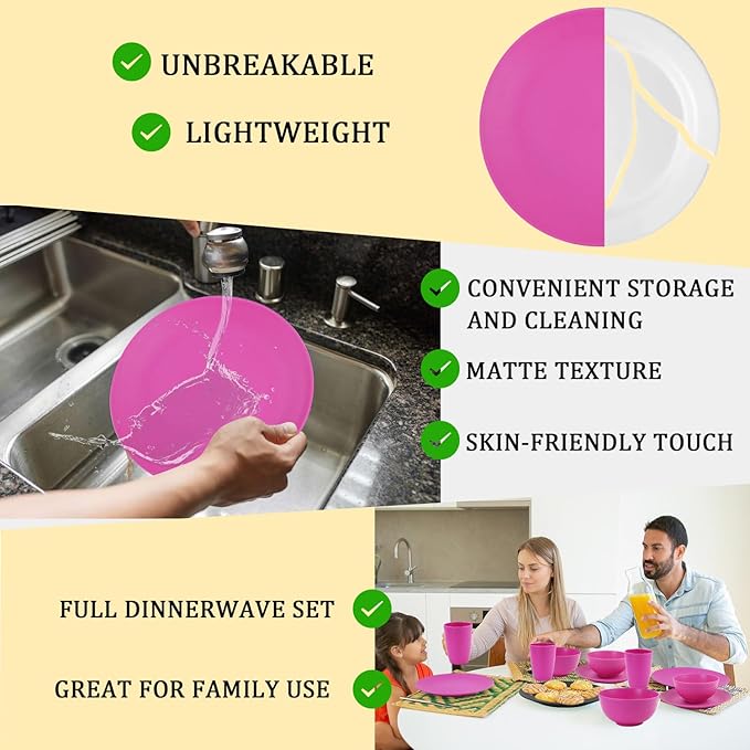 Wheat Straw Dishes Set 40 PCS,Shatterproof Dinnerware Sets for 8,Microwave Safe Dining Set,Plate Sets,Bowl Sets,Stackable and Lightweight Dinner Plates for RVs,Camping,Travel (Pink Matte)