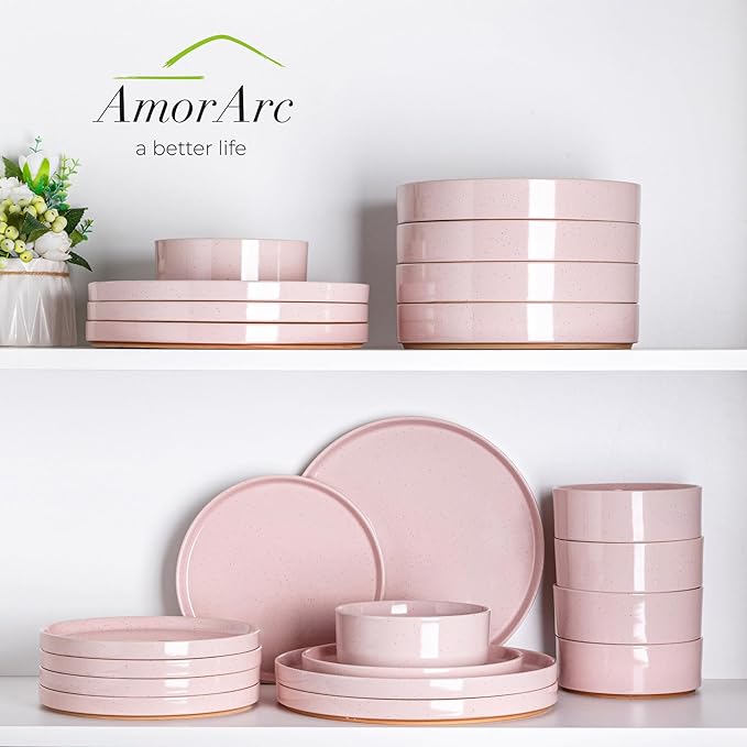 AmorArc Ceramic Dinner Plates Set of 6, 10.25 Inch Stoneware Plates for Kitchen,Modern Flat Dinnerware Dishes Set,Microwave& Dishwasher Safe, Scratch Resistant-Pink