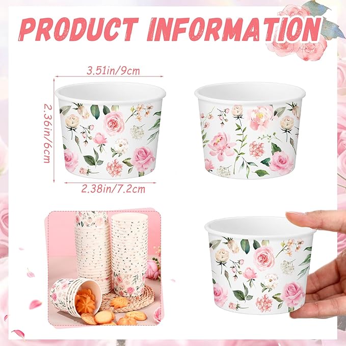 50 Pack Pink Floral Treat Snack Cups Floral Paper Ice Cream Cups 9 oz Rose Flower Disposable Dessert Bowls Paper Soup Bowls for Hot or Cold Food Wedding Baby Shower Birthday Party Supplies