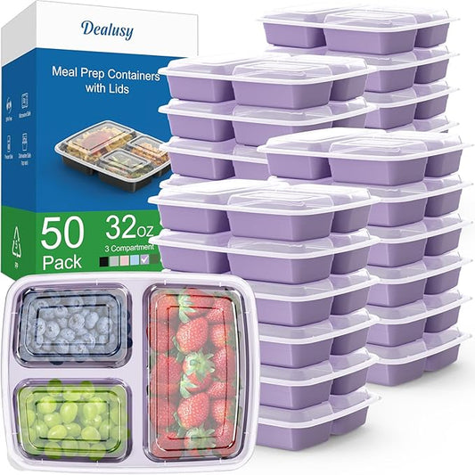 50 Pack (100-Piece) 32 oz Meal Prep Containers Reusable with Lids 3-Compartment, To Go Take Out Plastic Food Storage Containers, Sturdy Leakproof Food Safe, Microwave Freezer Dishwasher Safe, Lilac