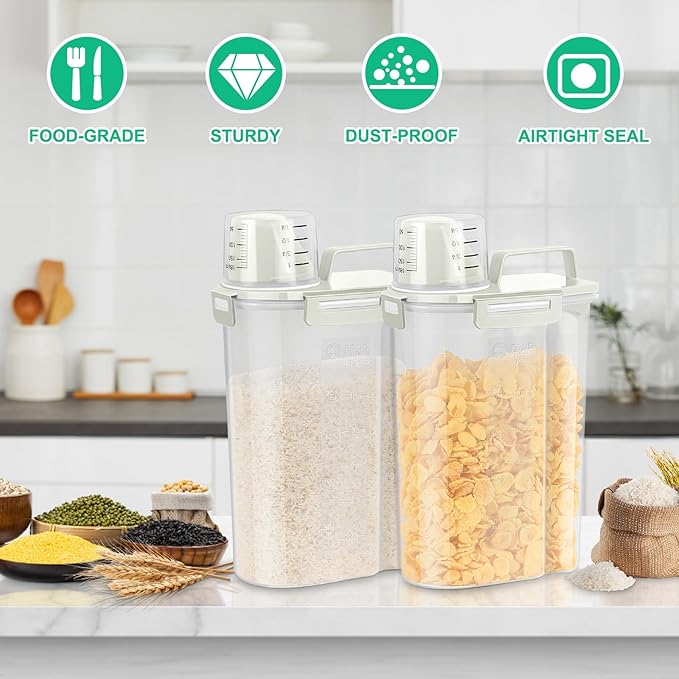 TBMax Rice Container Cereal Storage Container 2 Pack 5 Lbs, Kitchen Pantry Dry Food Storage Holder with Easy-Pouring Spout & Handy Cup, Small Pet Dog Cat Food Dispenser for Daily Feeding -Beige