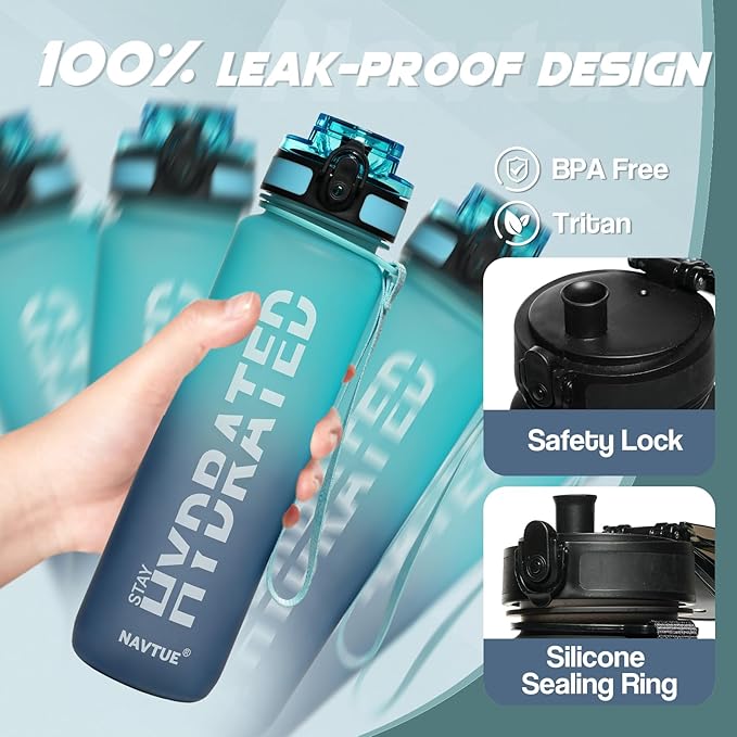 Water Bottle, 32 oz Sports Water Bottles with Time Marker Wide Mouth, Motivational and Leakproof Drink Bottle, BPA Free Tritan with Carry Strap for Gym Fitness Outdoor(Direct Drink 1 Bottle)