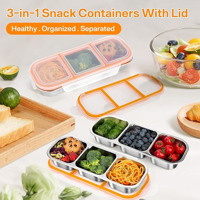 Stainless Steel Snack Containers, Reusable Snack Containers with Lids Stainless Steel Lunch Box with 3 Compartment Divided Food Storage for Home Work Travel Outdoor Camping (Orange 1 Pack)