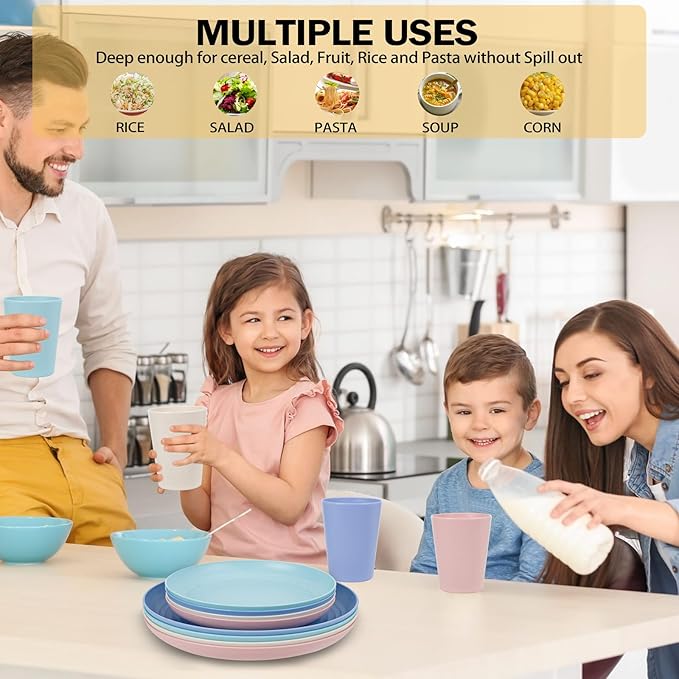 Rubtlamp Wheat Straw Plates and Bowls sets, Reusable Plastic Dishes Set for 4, Kitchen Wheat Straw Dinnerware Sets (Light Four Colors) Include Dinner Platos, Dessert Platos, Cereal Bowls, Cups