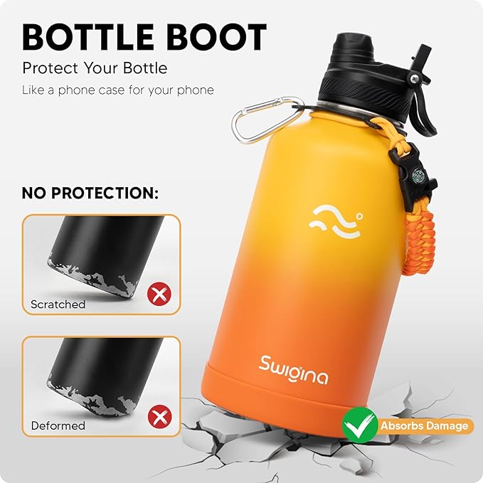 [2-IN-1 LID] 64 oz Insulated Water Bottle with Silicone Boot (48hrs Cold/24hrs Hot) - DIY Stickers, Leakproof, BPA Free, Half Gallon