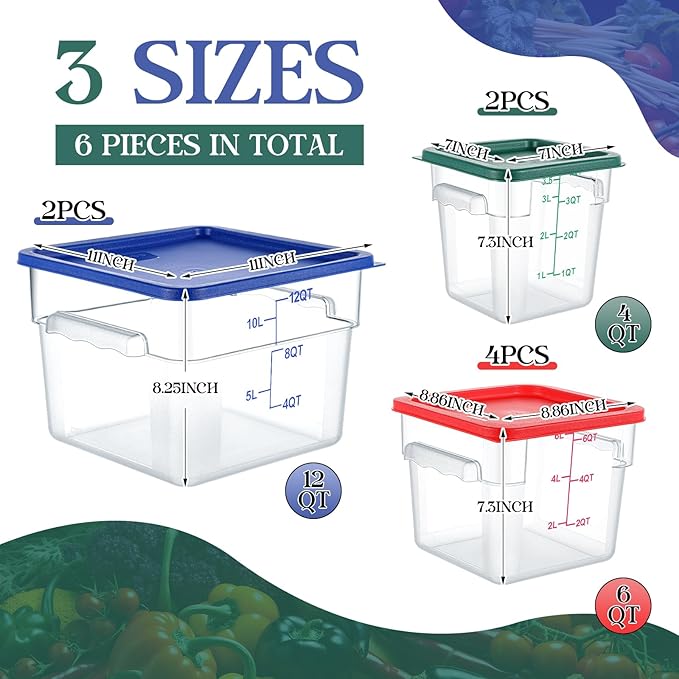 8 Set Square Food Storage Containers with Lid Contains 4 Pcs 6 Qt, 12 Quart and 4 Quart 2 Each, Clear Polycarbonate Commercial Food Storage Container Dough Proofing for Restaurant Home